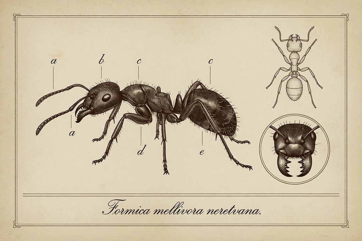Entomological engraving of the honey-ant Formica mellivora neretvana: lateral view, a dorsal view, and a circular detail of the head and mandibles, with parts labeled